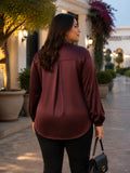 brown french crepe top — close-up detail