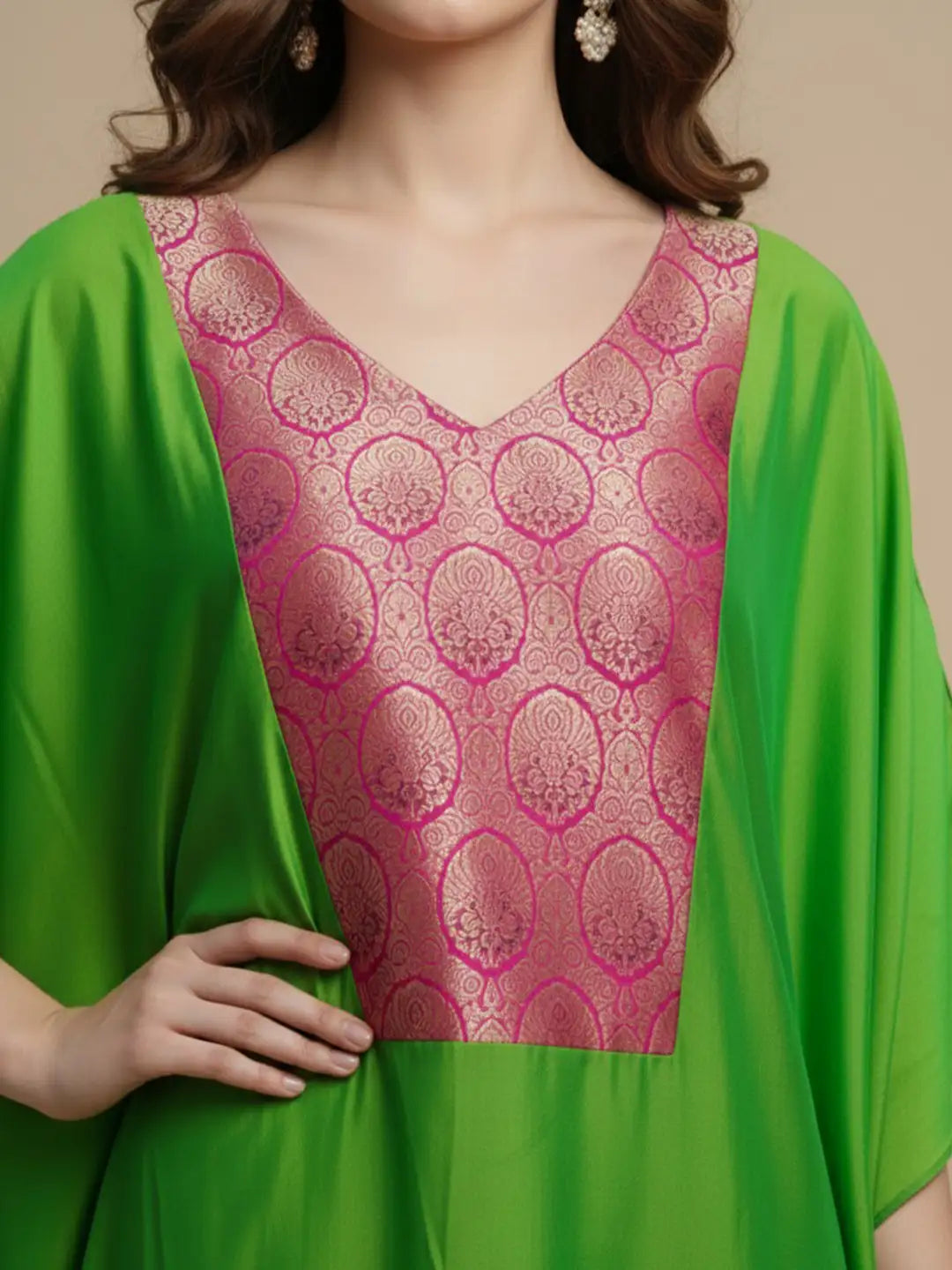 Green silk v-neck kaftan with Brocade yoke