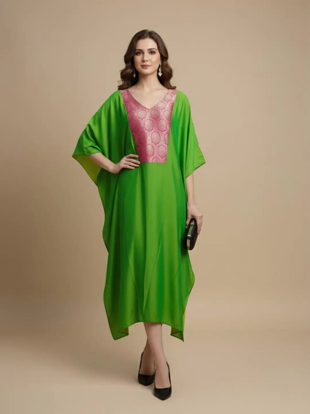 Green silk v-neck kaftan with Brocade yoke