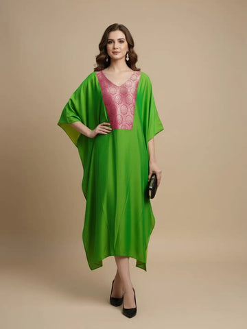 Green silk v-neck kaftan with Brocade yoke