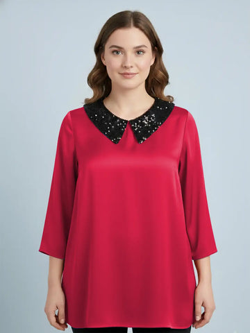 Ruby red satin sequin collar party top