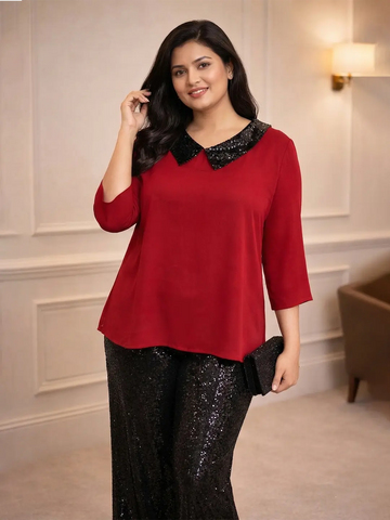 Ruby red satin sequin collar party top
