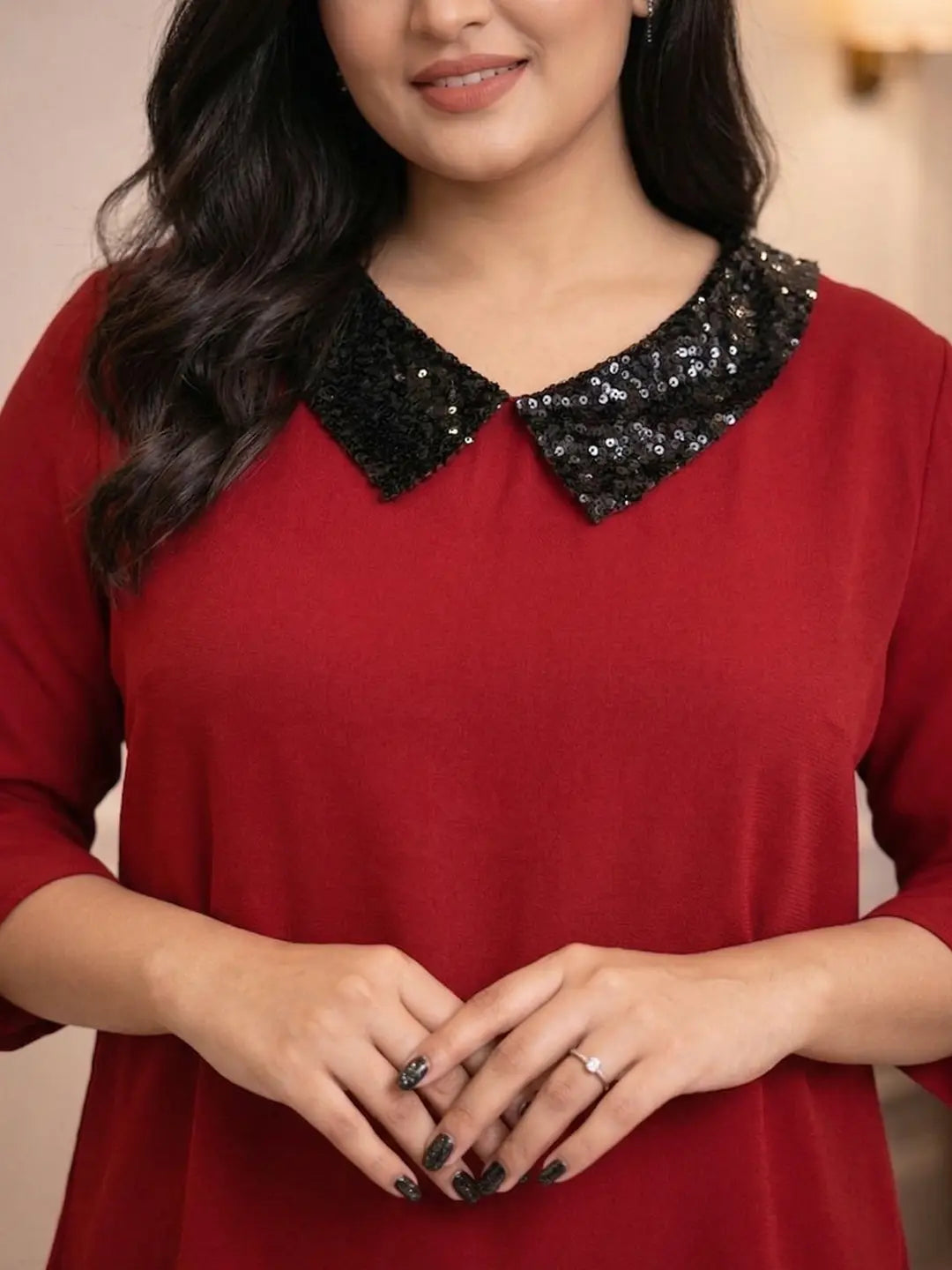 Ruby red satin sequin collar party top