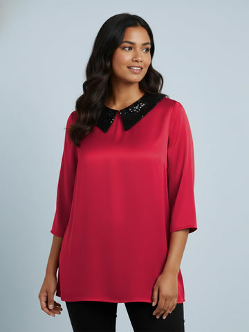 Ruby red satin sequin collar party top