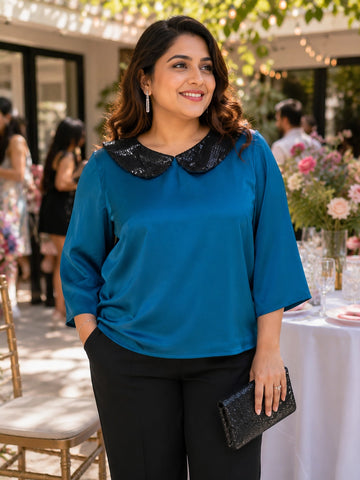 Teal sequin collar silk blend party top