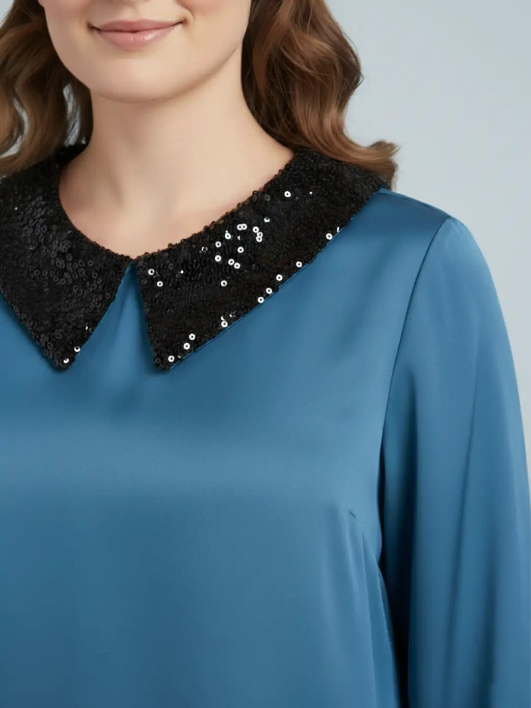 Teal sequin collar silk blend party top