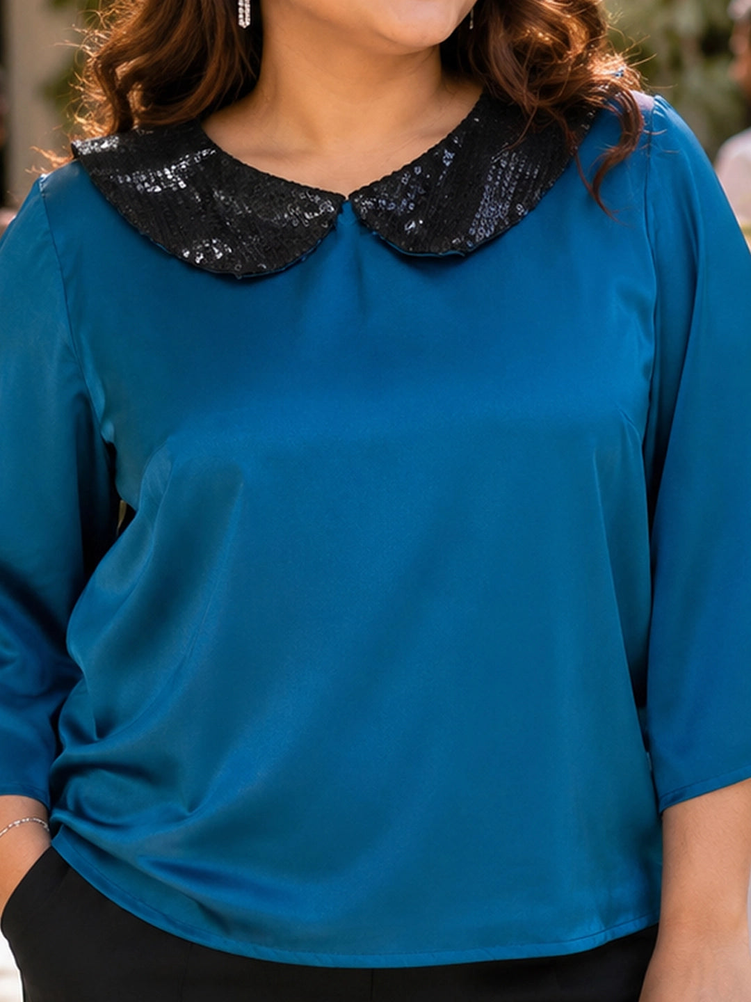 Teal sequin collar silk blend party top