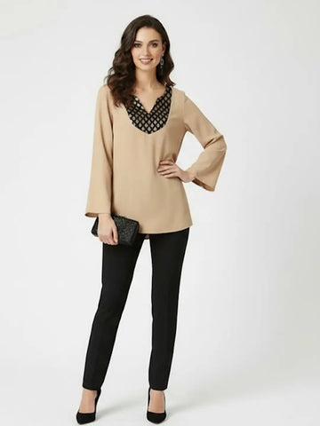 Beige slik blend top with brocade embelishment