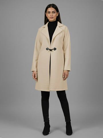 Beige fleece long coat with elbow patch