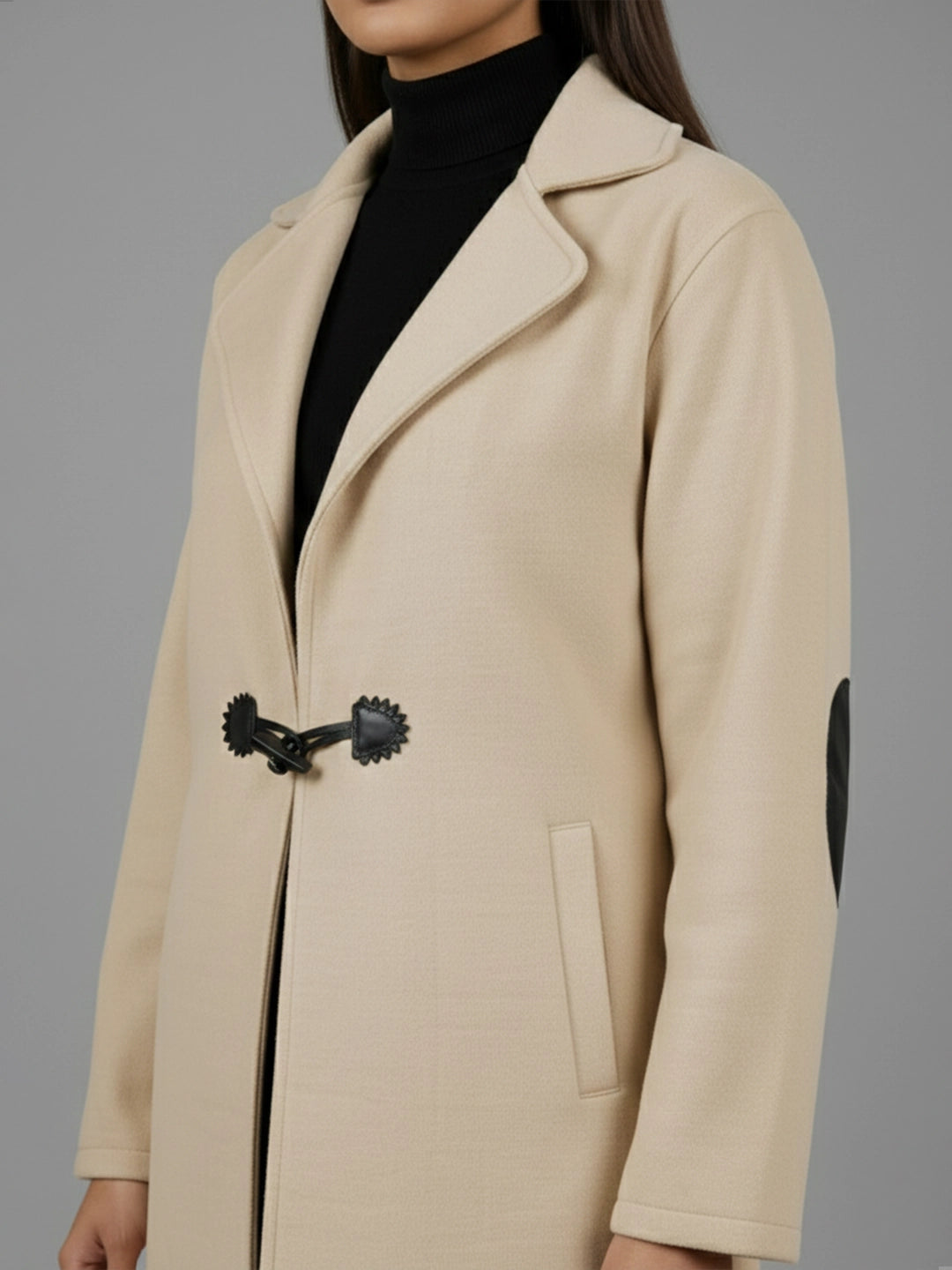 Beige fleece long coat with elbow patch