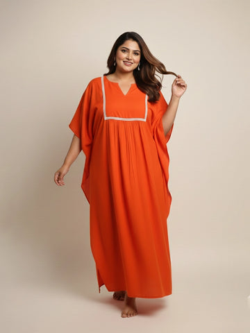 Orange rayon yoke kaftan night dress