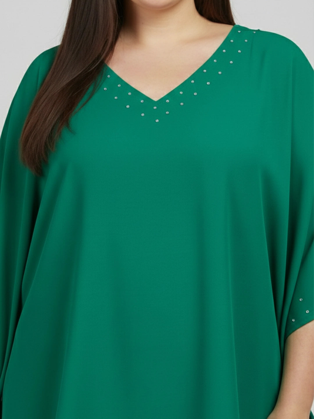 Green kaftan with crystal embellished neckline