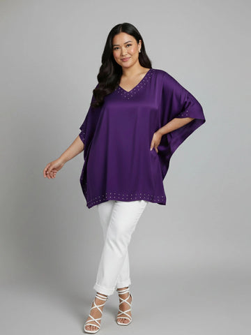Purple kaftan with crystal embellished neckline