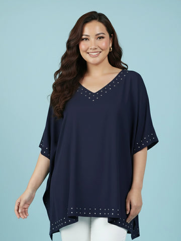 Navy kaftan with crystal embellished neckline