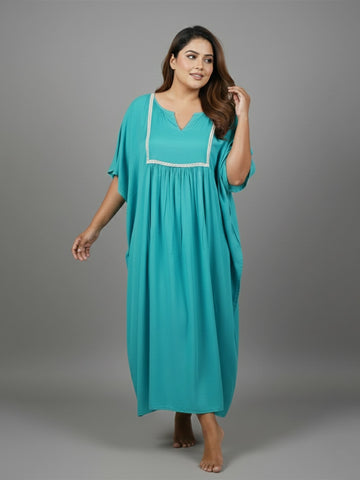 Turquoise rayon yoke kaftan night dress