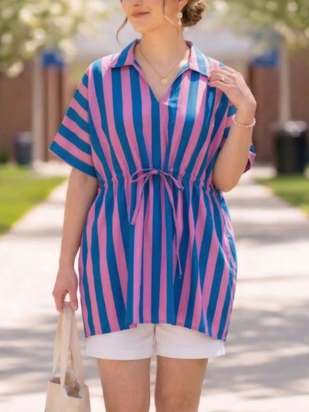 Drawstring waist printed cotton top