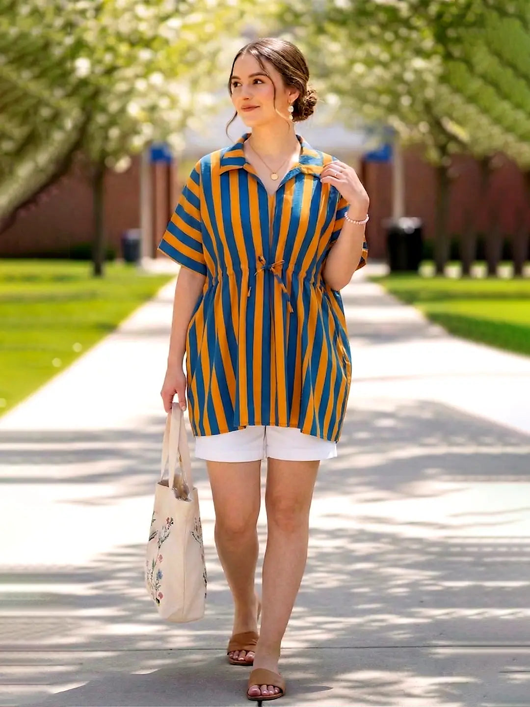 orange stripe cotton top — styled look