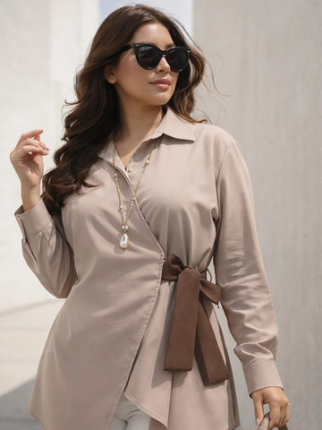Beige poplin wrap around shirt
