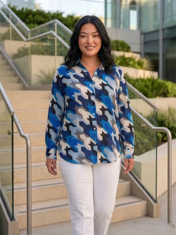 Blue printed crepe shirt with cuff sleeves