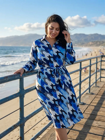 Blue printed crepe shirt dress with belt