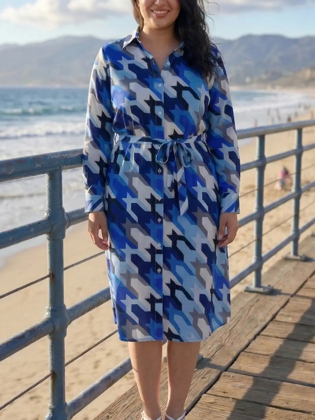 Blue printed crepe shirt dress with belt