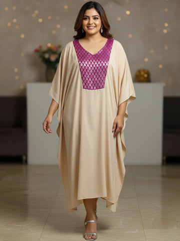 Beige silk crepe v-neck kaftan with Brocade yoke