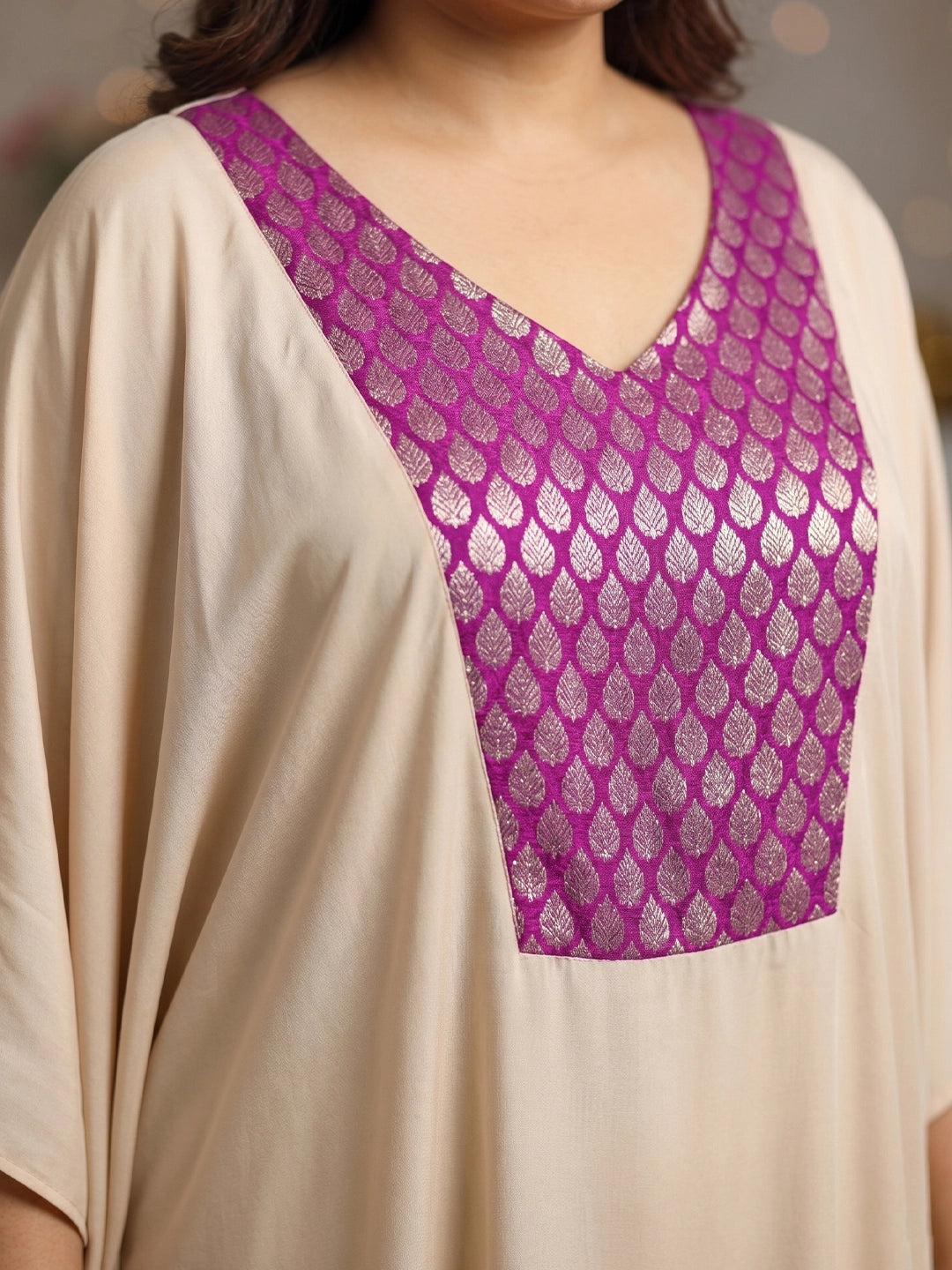 Beige silk crepe v-neck kaftan with Brocade yoke