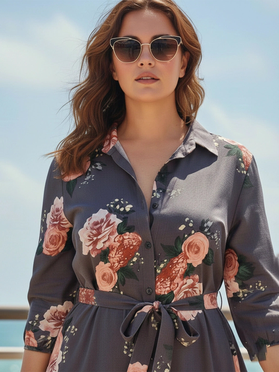 Grey floral shirt dress