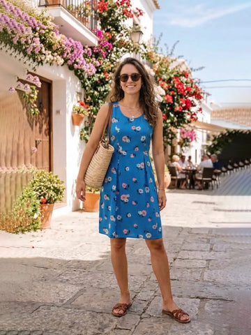 Blue foral printed crepe dress