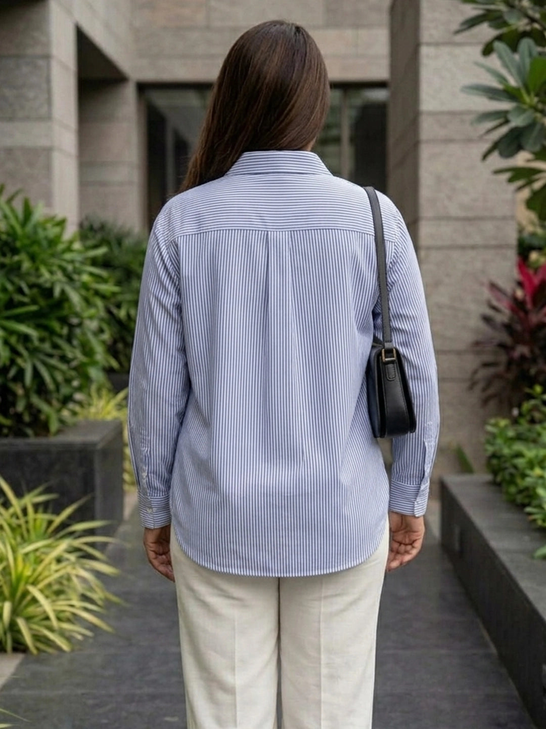blue stripe cotton shirt — close-up detail