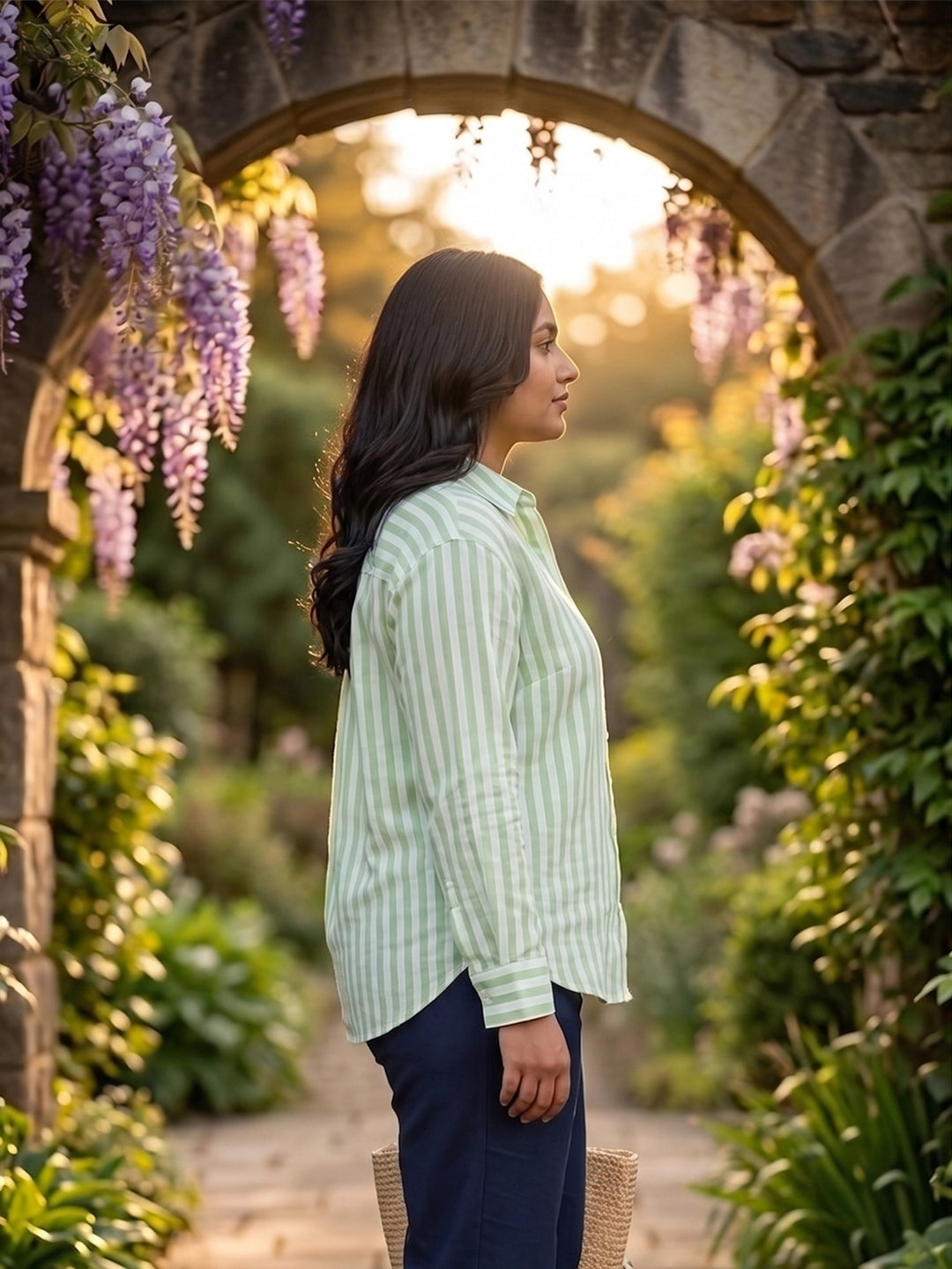 green stripe linen shirt — back view