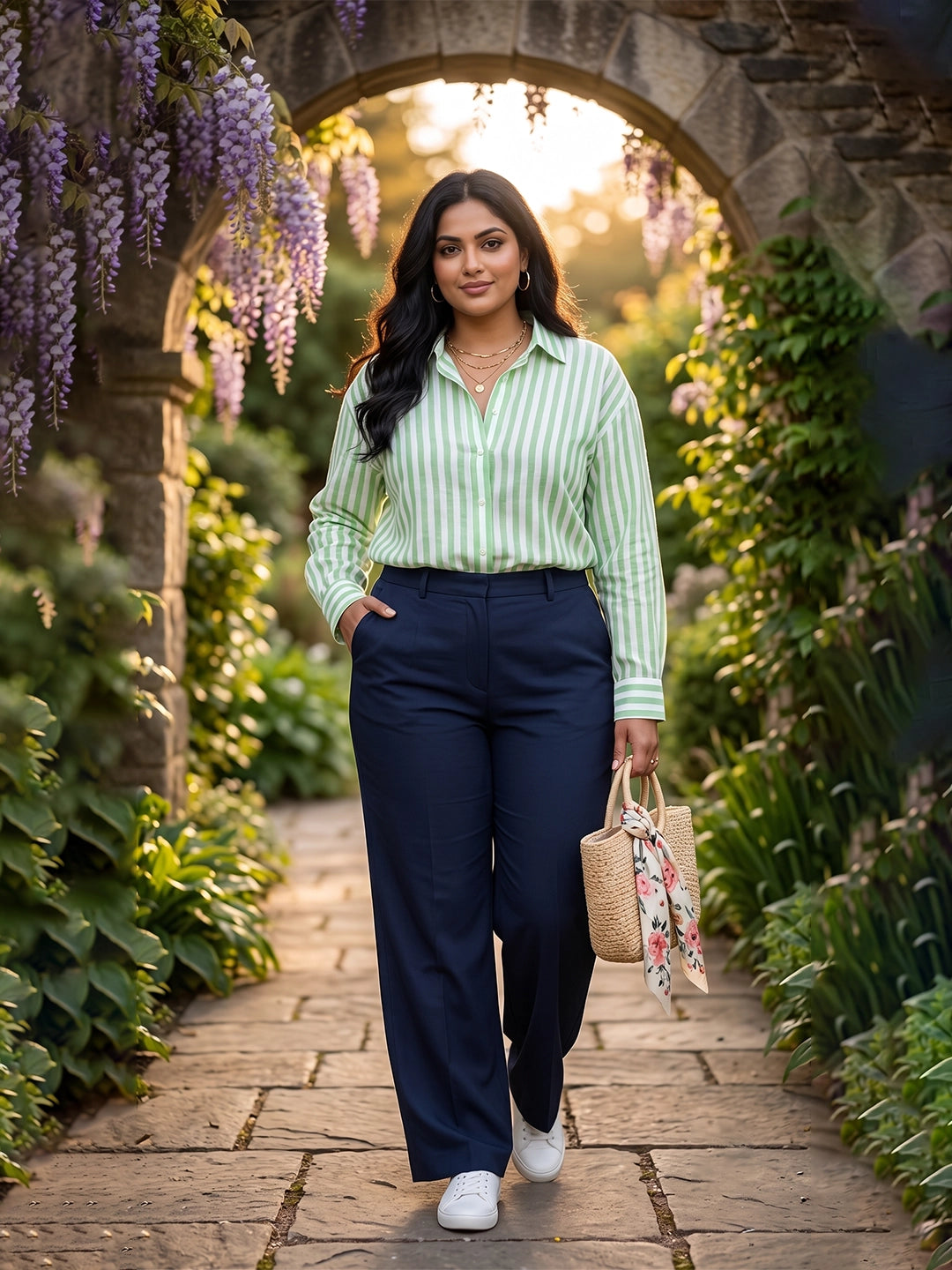 green stripe linen shirt — styled look
