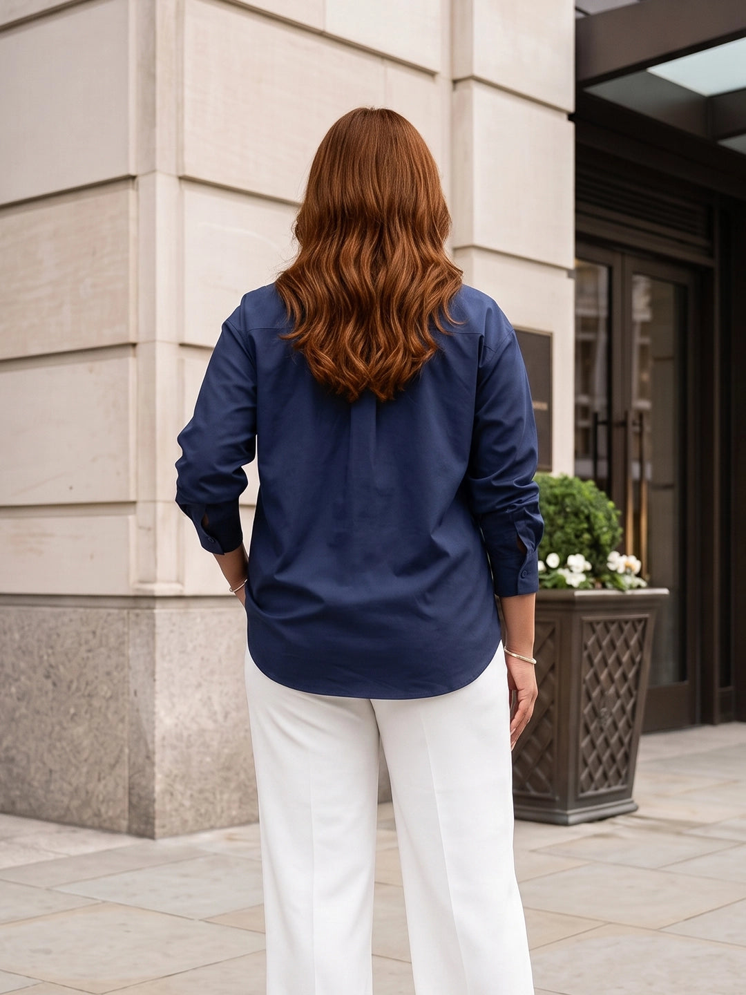 navy poplin shirt — close-up detail