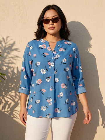 Mandarin collar floral print shirt