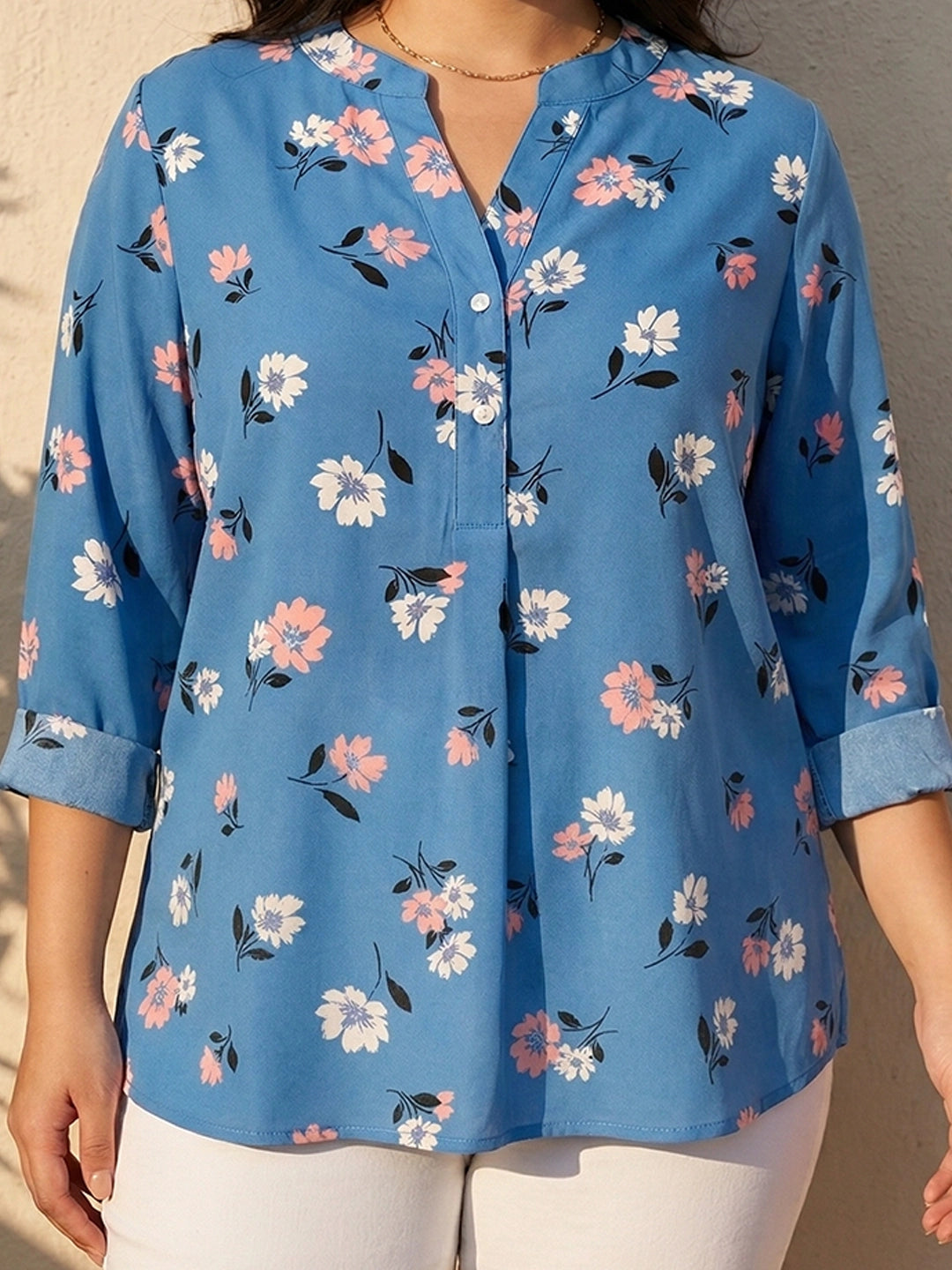 Mandarin collar floral print shirt