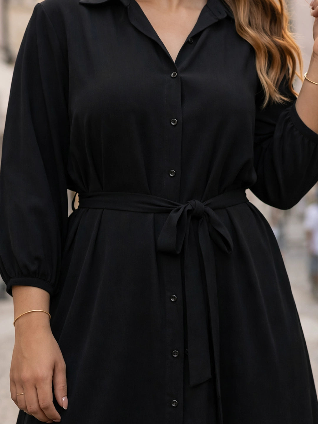 Black crepe shirt dress