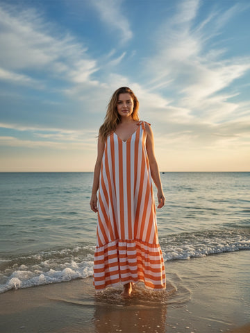 Orange stripe tie-up v neck crepe dress