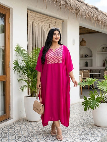 Magenta silk blend kaftan with brocade yoke