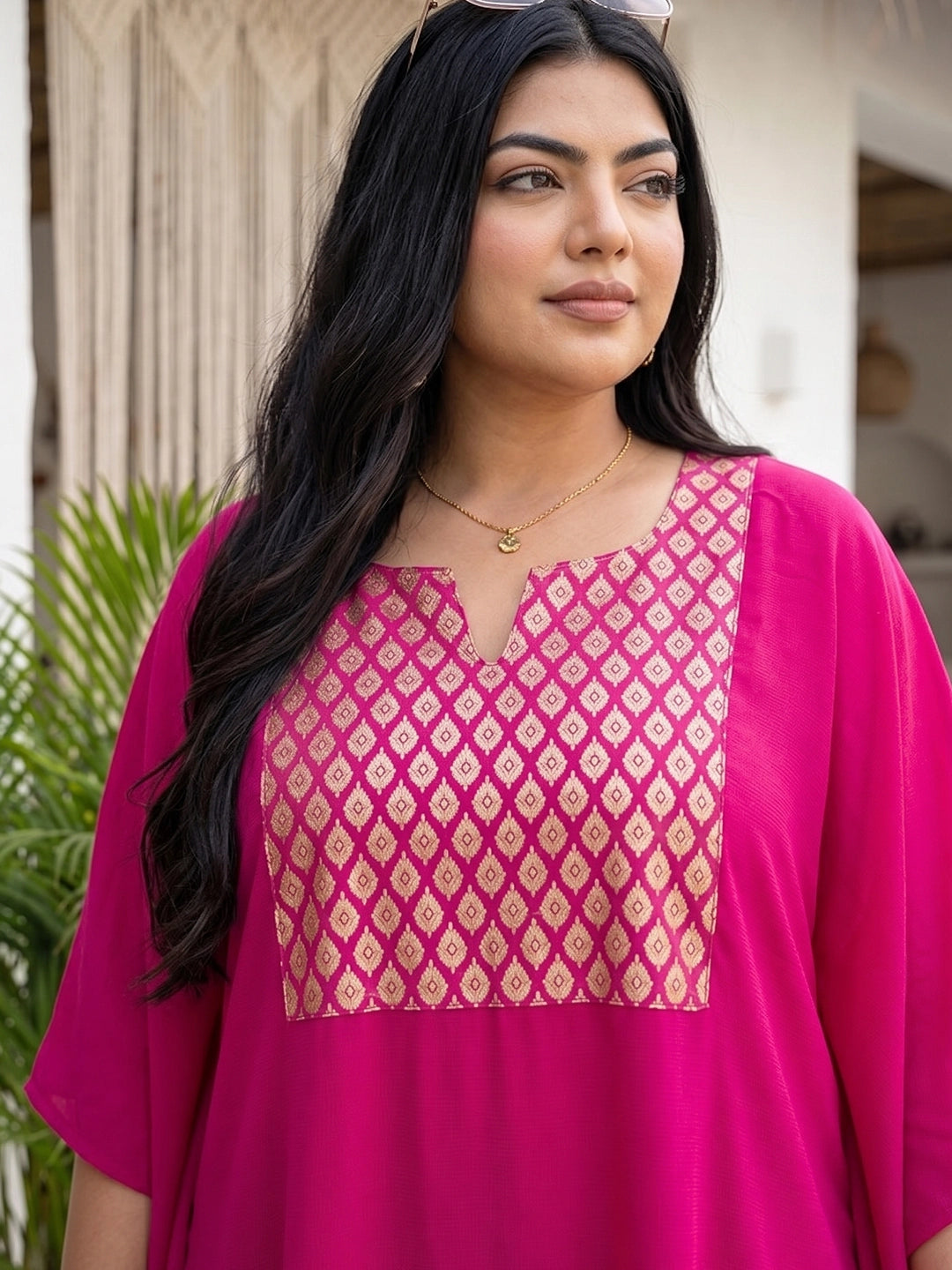 Magenta silk blend kaftan with brocade yoke