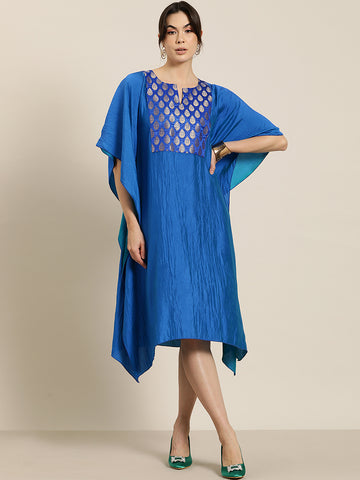 Royal blue silk kaftan with brocade yoke