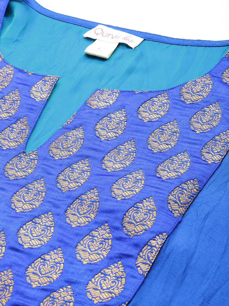 Royal blue silk kaftan with brocade yoke