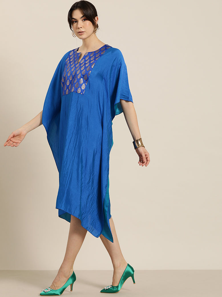 Royal blue silk kaftan with brocade yoke