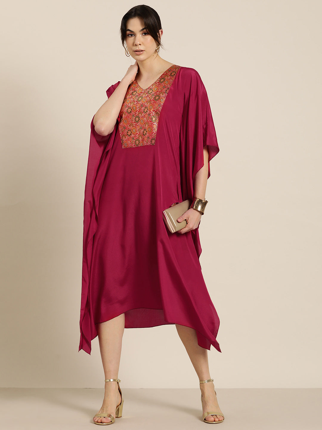 Red crepe silk v-neck kaftan with Brocade yoke