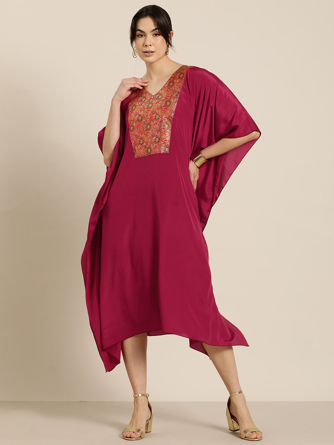 Red crepe silk v-neck kaftan with Brocade yoke