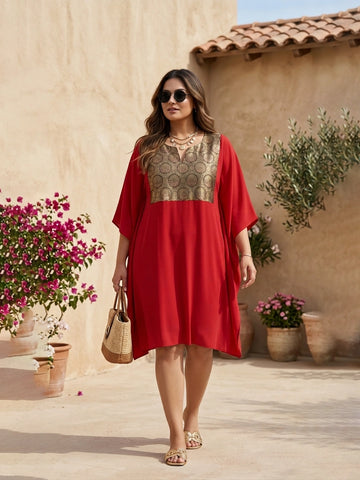 Red Crepe Silk kaftan with Brocade Yoke