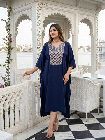 Navy french crepe silk kaftan with Brocade Yoke