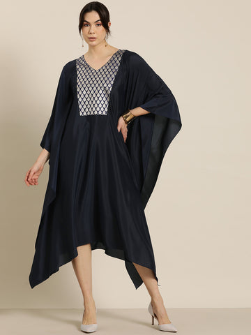 Navy french crepe silk kaftan with Brocade Yoke