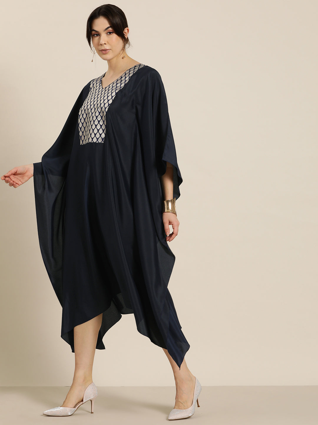 Navy french crepe silk kaftan with Brocade Yoke