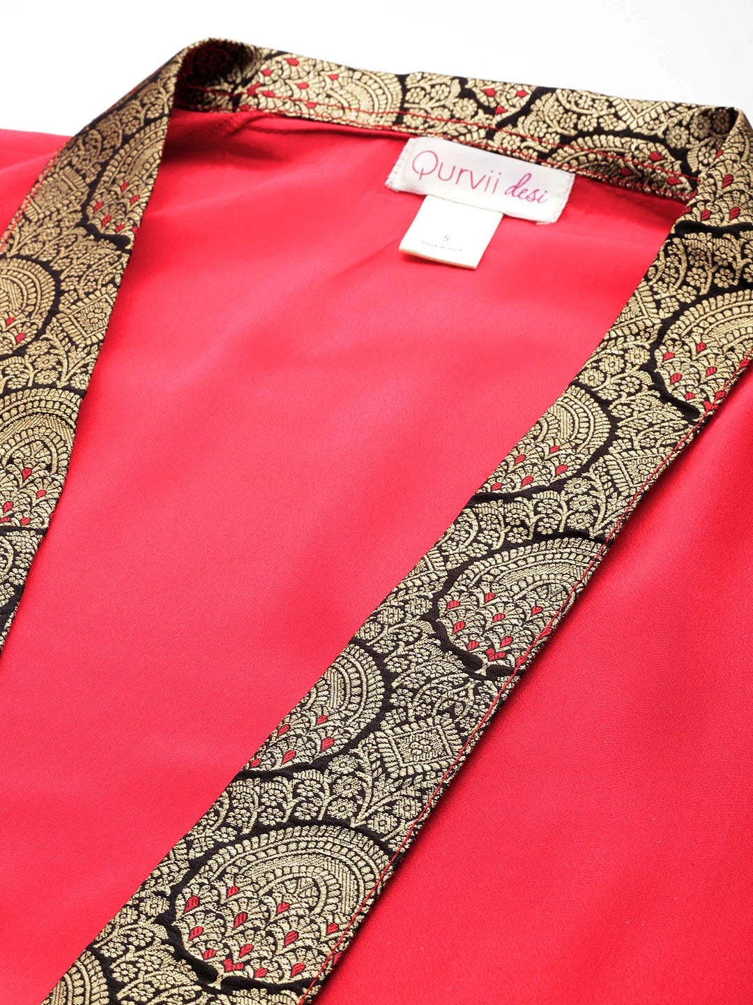 Red Crepe Silk Brocade Collar Shrug