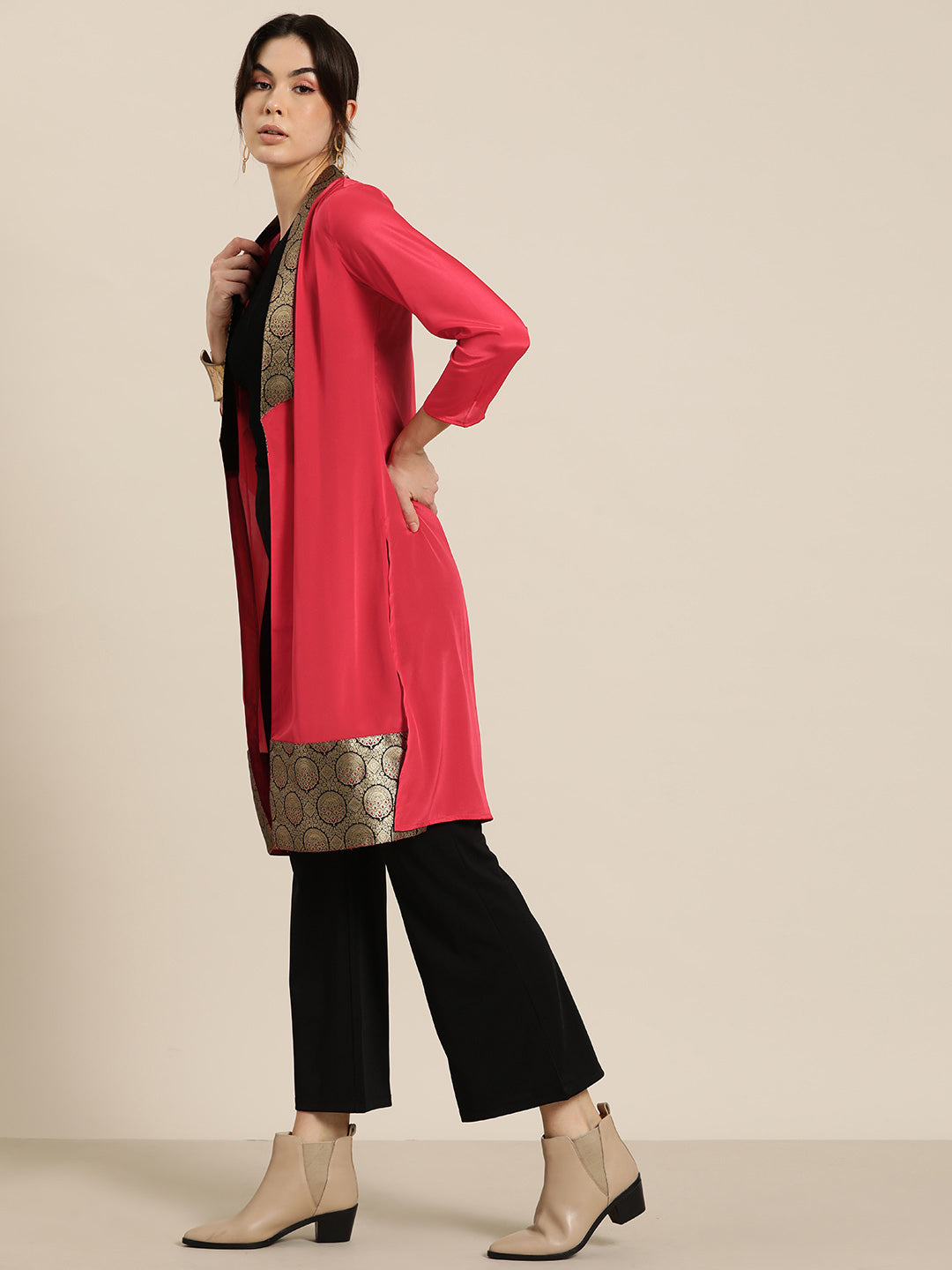 Red Crepe Silk Brocade Collar Shrug